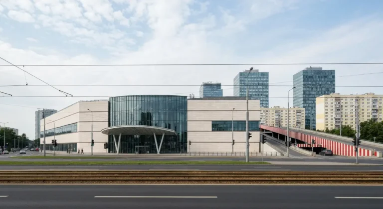 Nowoczesne centrum handlowe przy szerokiej alei w Warszawie, torowisko tramwajowe i wjazd na parking podziemny