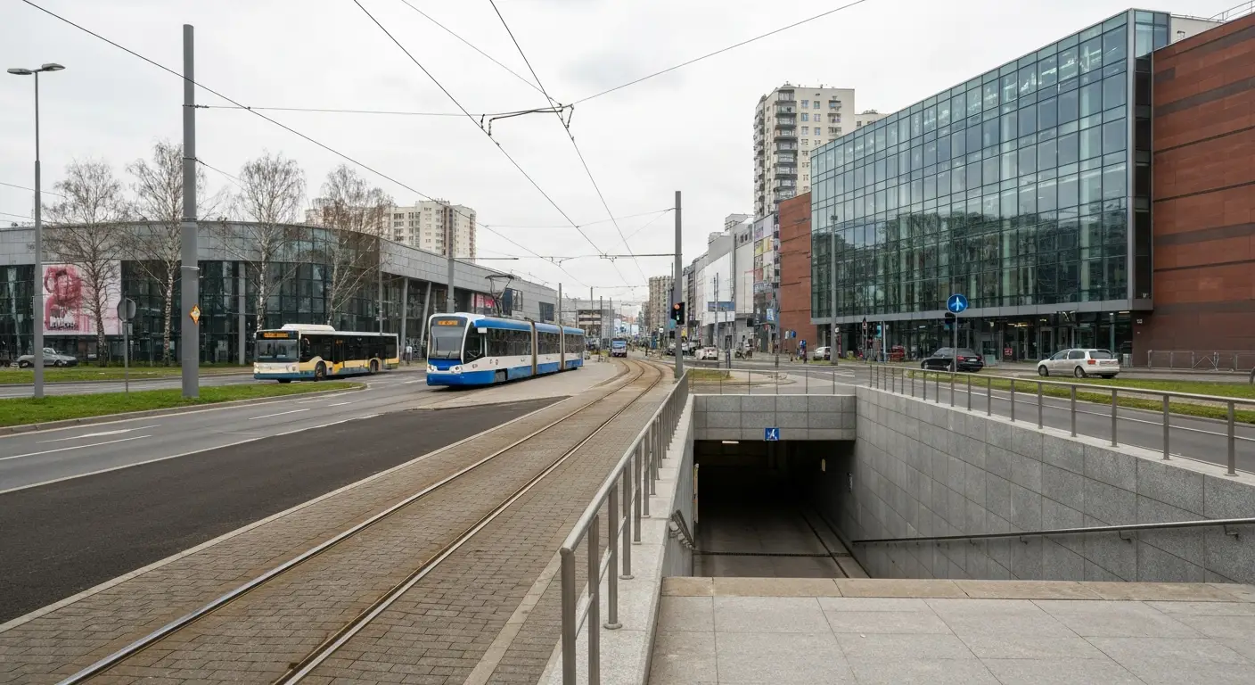 Nowoczesne centrum handlowe w Warszawie przy rondzie, tramwaj i autobus na skrzyzowaniu oraz zjazd do parkingu podziemne