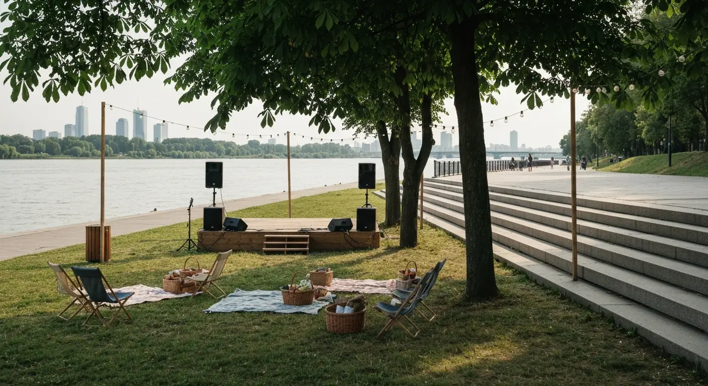 Plenerowa scena i koce piknikowe na bulwarach wislanych w Warszawie w letnie popoludnie