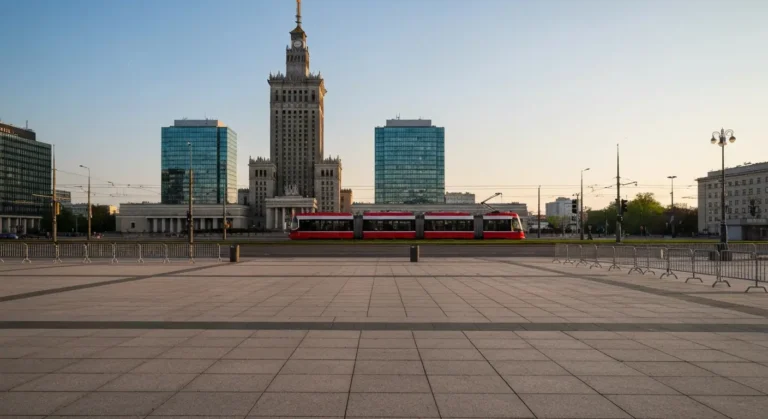 Palac Kultury i Nauki oraz plac Defilad w centrum Warszawy o zlotej godzinie, w tle wiezowce Srodmiescia i przejezdzajac