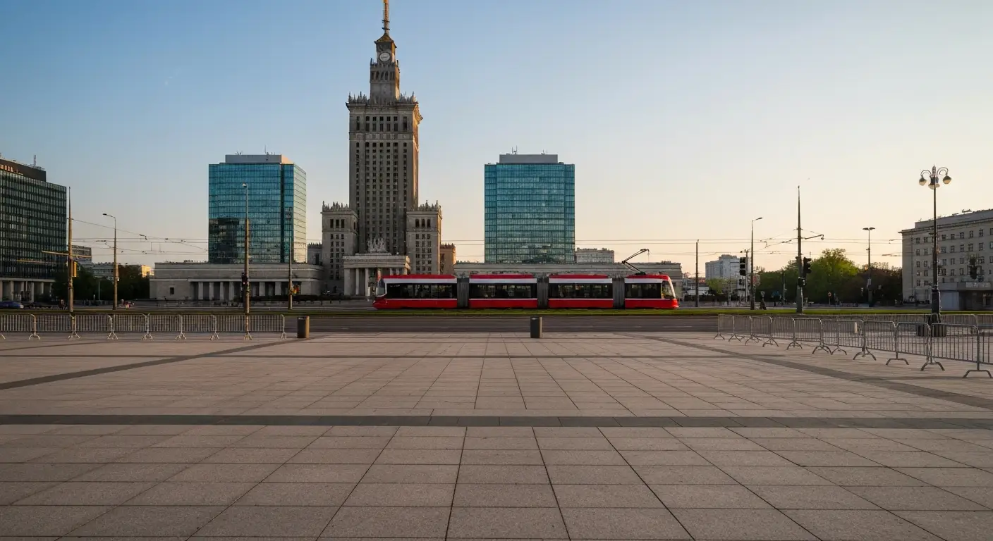 Palac Kultury i Nauki oraz plac Defilad w centrum Warszawy o zlotej godzinie, w tle wiezowce Srodmiescia i przejezdzajac