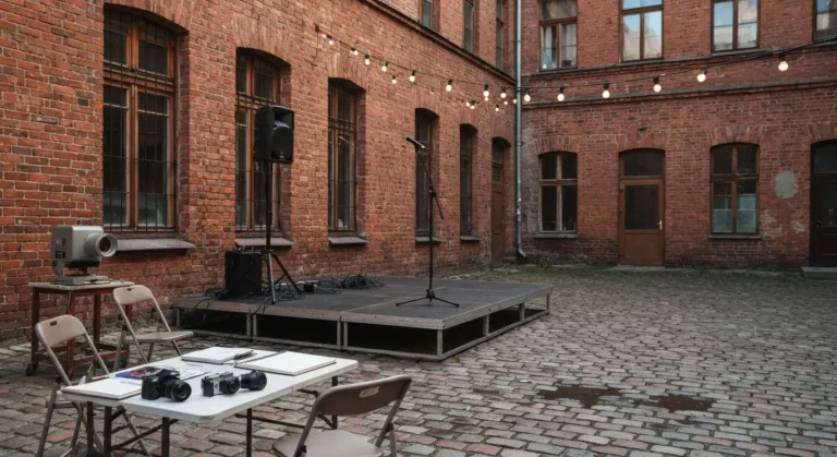 Podworko warszawskiej kamienicy na Pradze z mala scena, mikrofonem, glosnikiem i stolem warsztatowym przygotowanym na wy