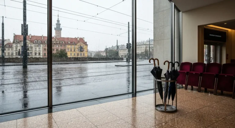 Deszczowy dzien w Warszawie widziany przez przeszklone foyer instytucji kultury, mokre bruki i tramwaje za szyba