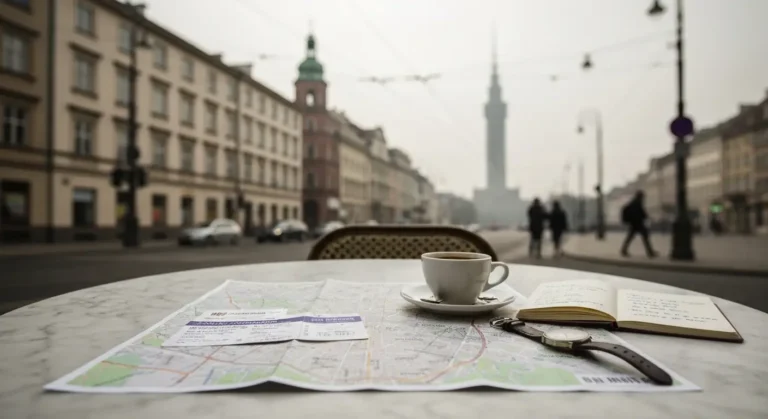 Papierowa mapa centrum Warszawy, bilet i zegarek na stoliku kawiarnianym, w tle kamienice Starego Miasta i wysoka wieza