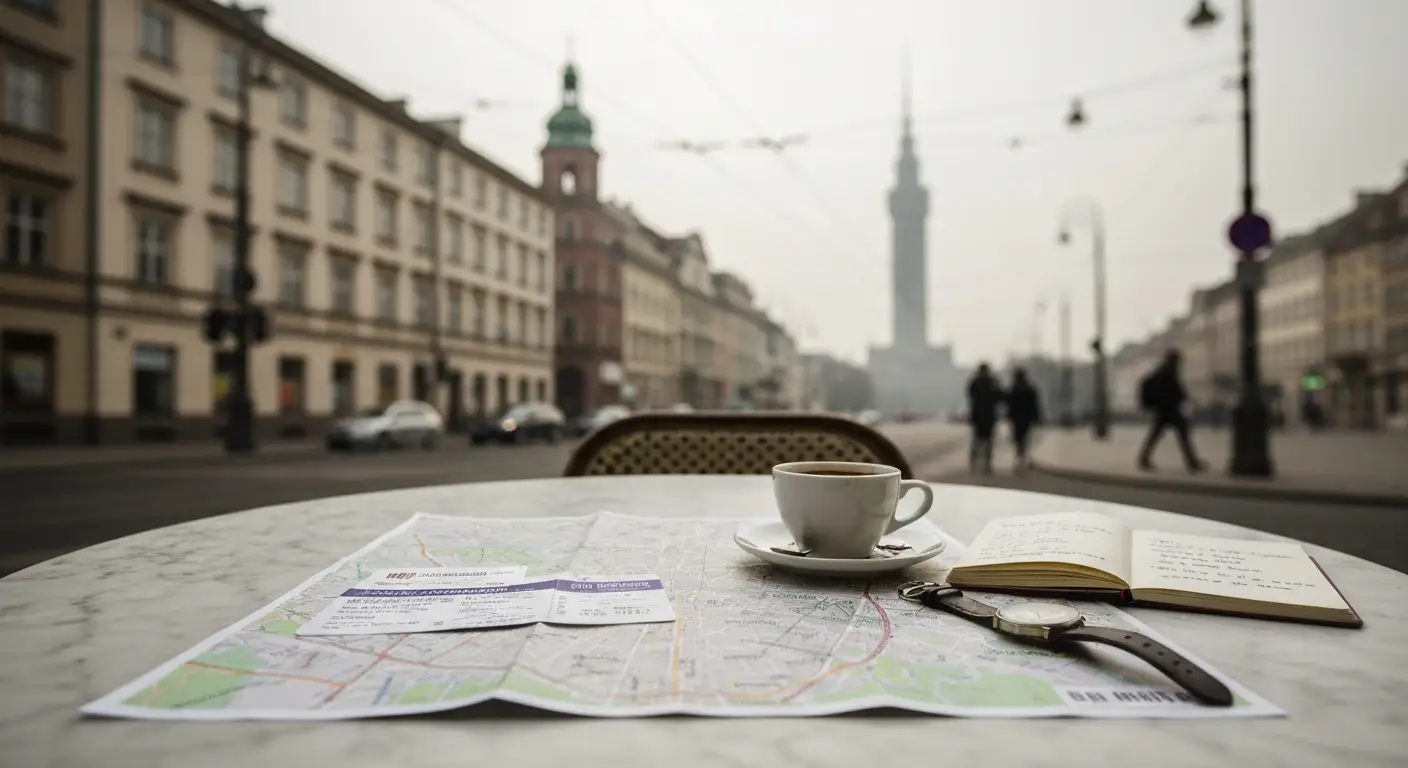 Papierowa mapa centrum Warszawy, bilet i zegarek na stoliku kawiarnianym, w tle kamienice Starego Miasta i wysoka wieza