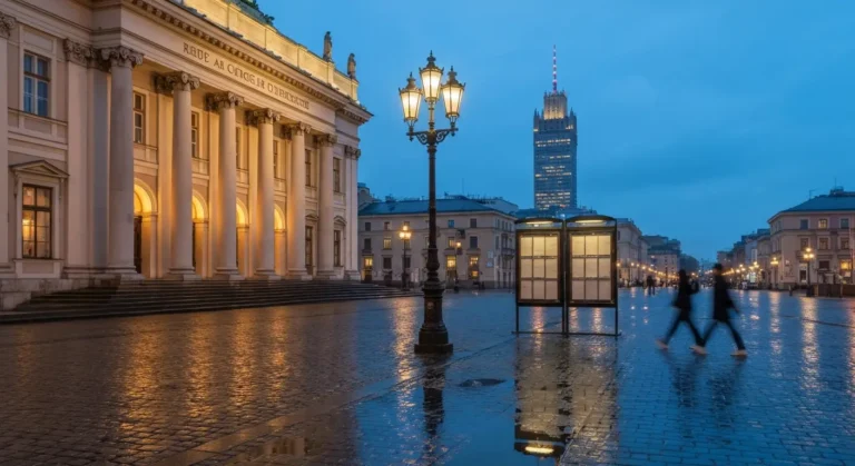 Wieczorna Warszawa - oswietlona fasada teatru i mokry bruk placu w Srodmiesciu, w tle sylwetka wysokiego wiezowca