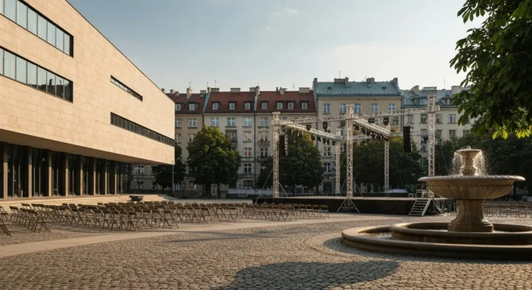Plenerowa scena koncertowa i puste krzesla na placu w centrum Warszawy w letnie popoludnie