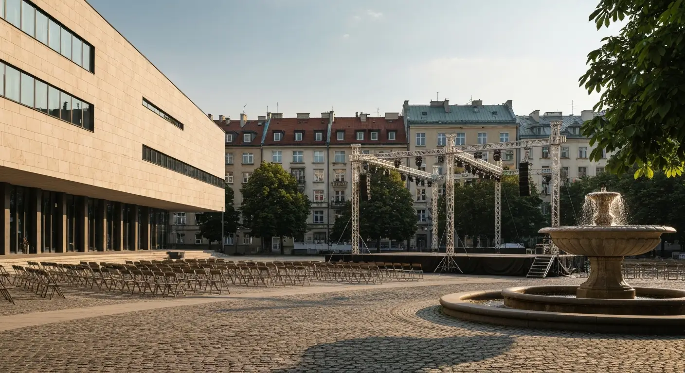 Plenerowa scena koncertowa i puste krzesla na placu w centrum Warszawy w letnie popoludnie