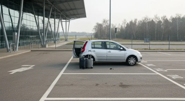 Wypozyczony samochod na parkingu przy terminalu warszawskiego lotniska, obok walizka i kluczyki