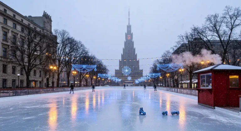 Zimowe lodowisko w centrum Warszawy o zmierzchu, swiateczne iluminacje na drzewach i sylwetka wysokiego wiezowca w tle