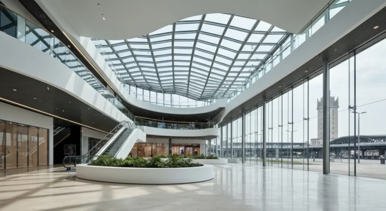 Szklany falisty dach i atrium nowoczesnego centrum handlowego w centrum Warszawy w naturalnym swietle dnia