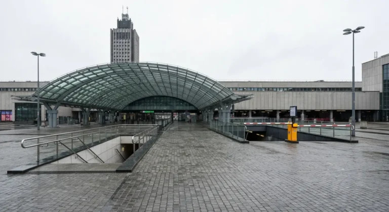Szklany falisty dach centrum handlowego w centrum Warszawy, w tle wysoka wieza i budynek dworca, wejscie do przejscia po