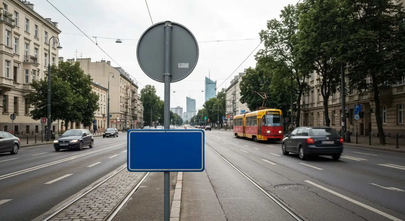 Ulica w centrum Warszawy z pustym slupem znaku na granicy strefy czystego transportu, tramwaj i samochody w ruchu