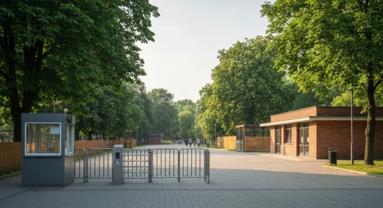 Wejscie do warszawskiego zoo na Pradze-Polnoc - brama, kasy biletowe i aleja wsrod drzew w poranny letni dzien