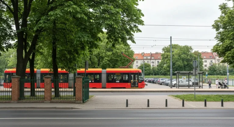 Wejscie do warszawskiego zoo na Pradze-Polnoc, tramwaj przy przystanku i parking obok zieleni