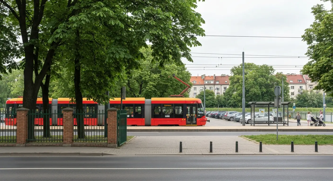 Wejscie do warszawskiego zoo na Pradze-Polnoc, tramwaj przy przystanku i parking obok zieleni