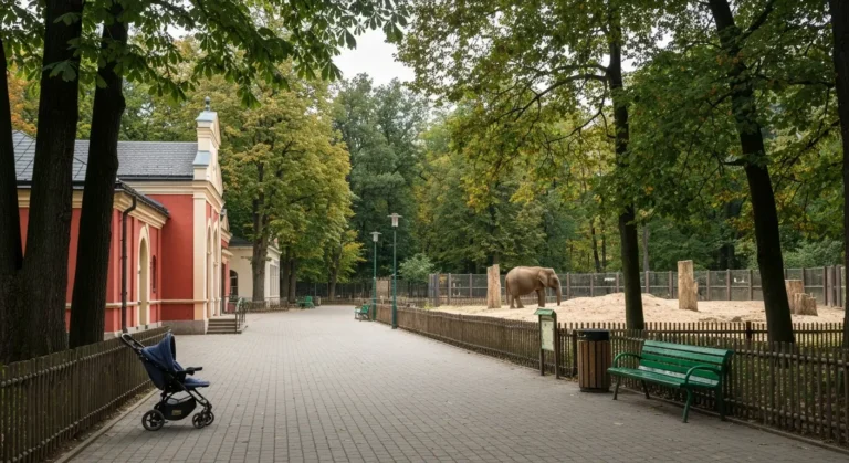 Aleja warszawskiego zoo z wozkiem przy lawce, drewnianym plotkiem wybiegu i drzewami w tle
