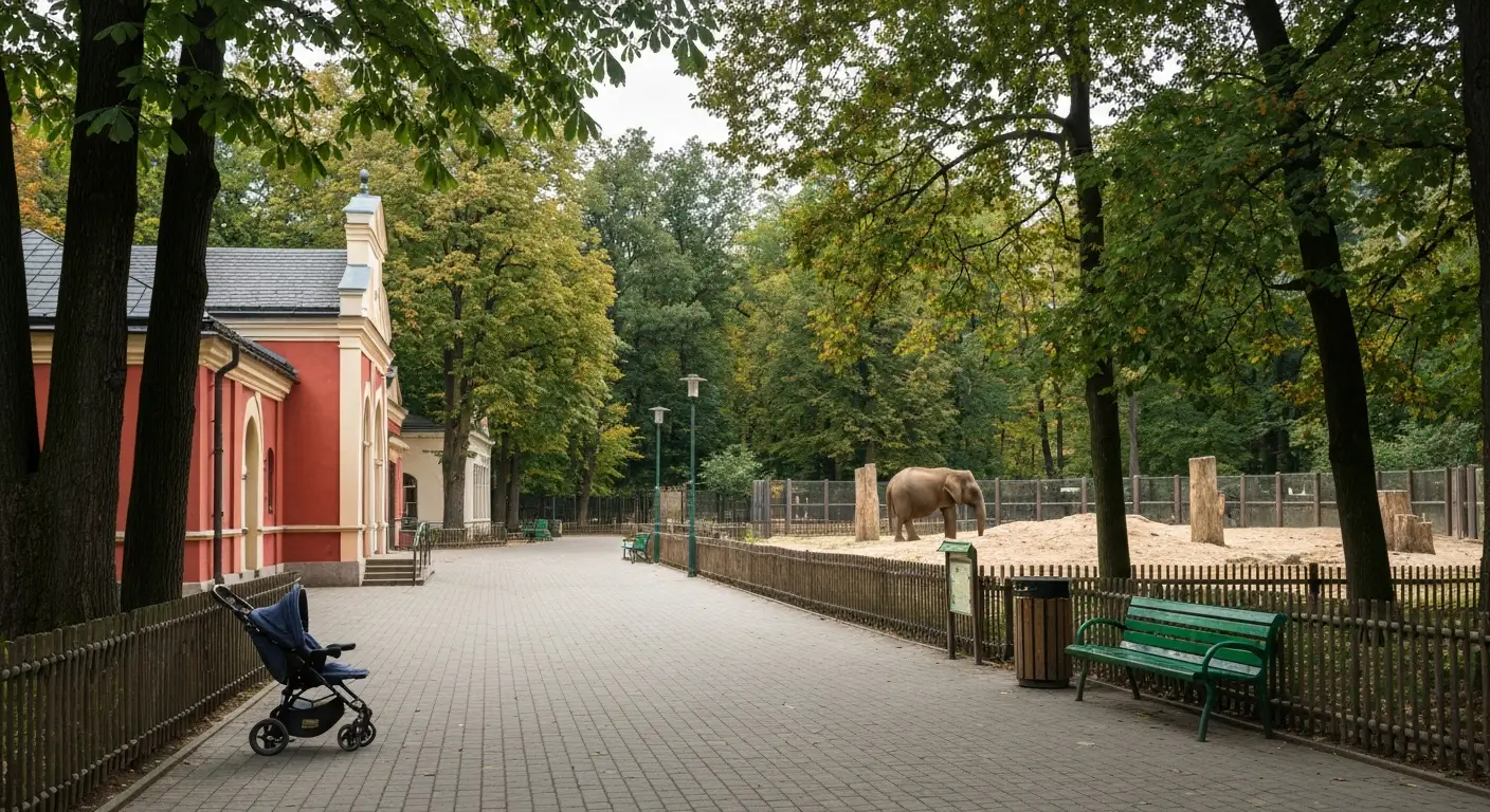 Aleja warszawskiego zoo z wozkiem przy lawce, drewnianym plotkiem wybiegu i drzewami w tle